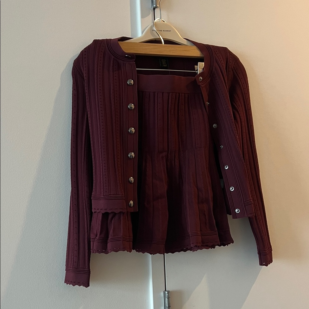 House of Harlow Pointelle Knit Cardigan & pleated Skirt Set in Burgundy xs